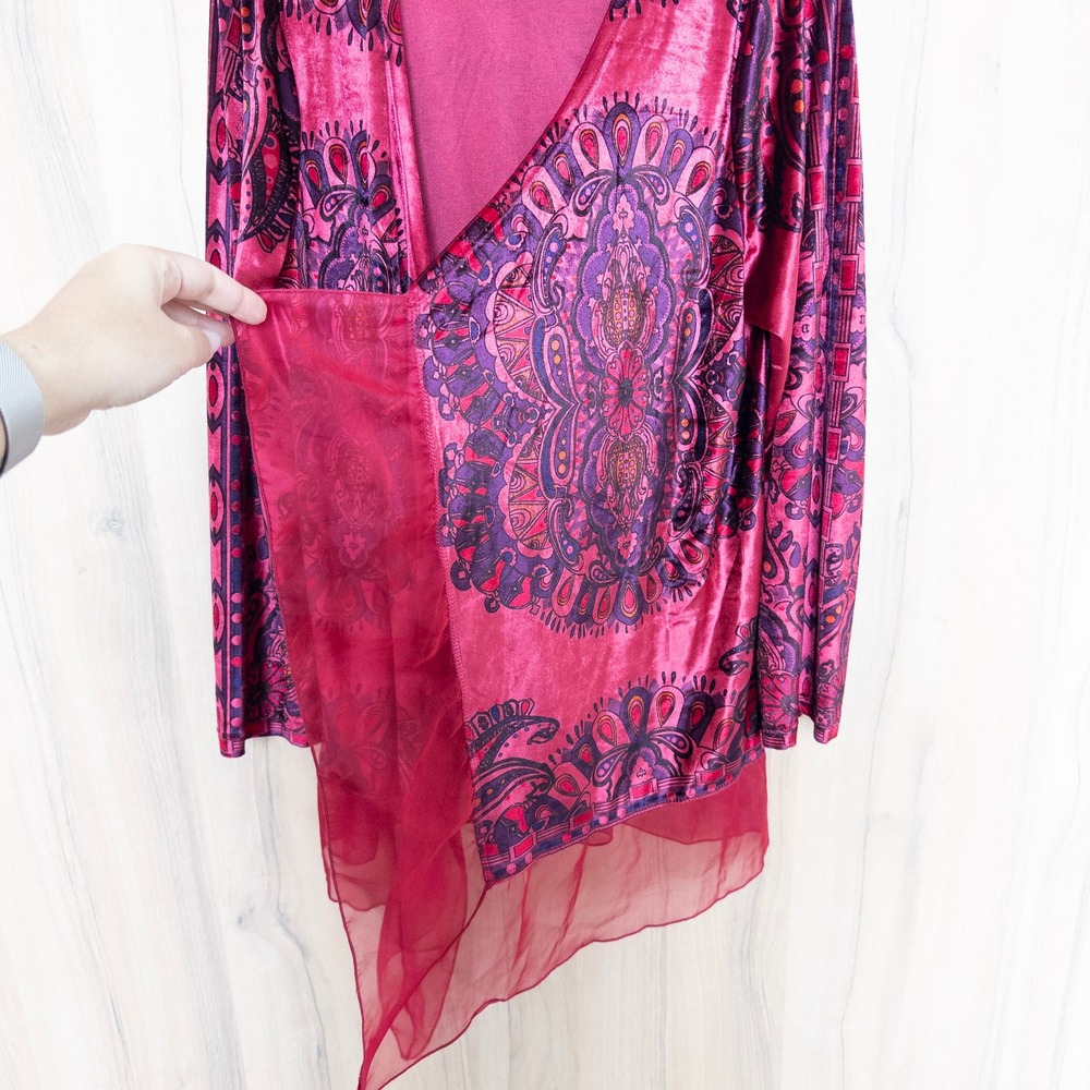 Womens Velvet Cardigan L Pink Paisley Sheer Trim Open Front Boho Festival Artsy - Picture 6 of 8